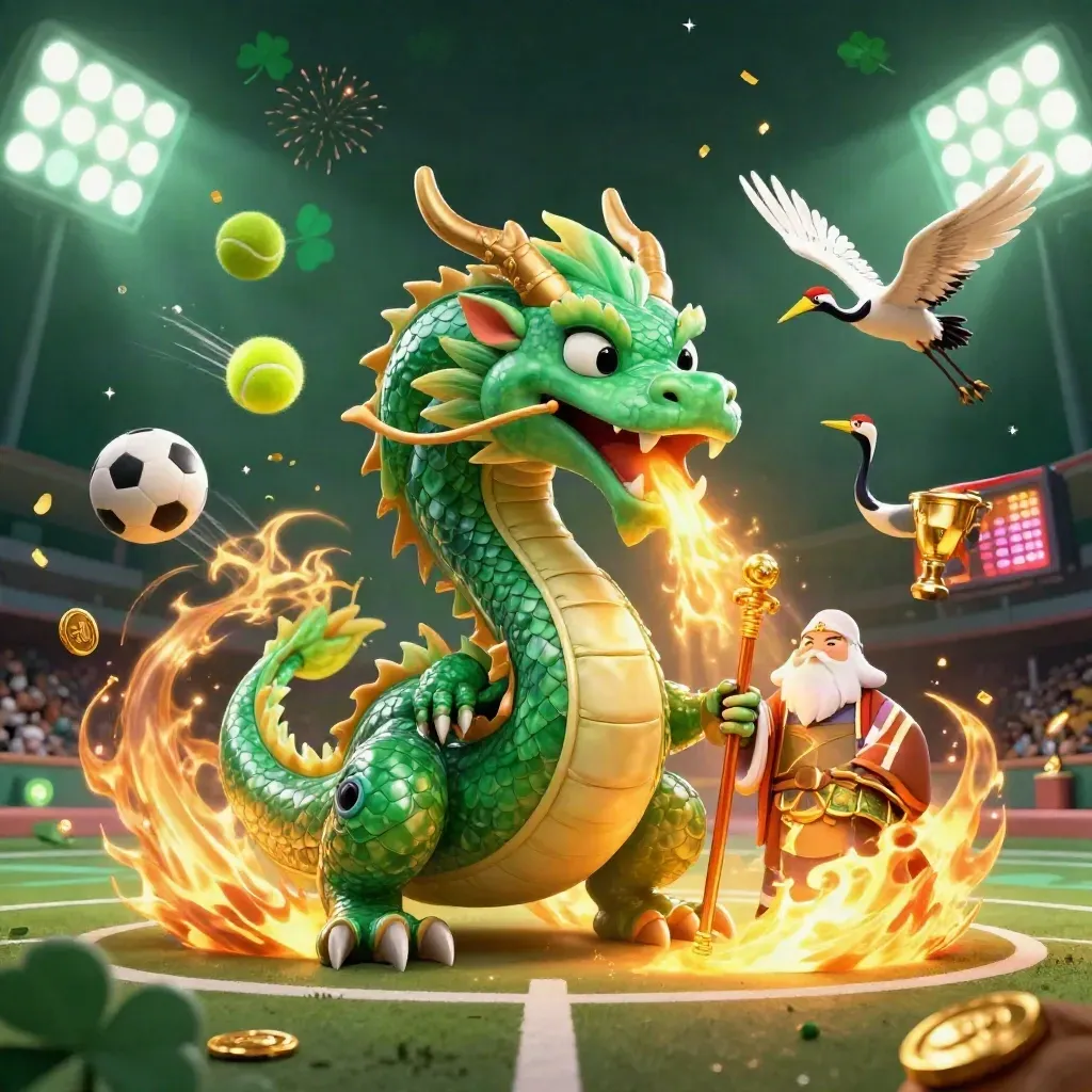 Emerald dragon, turtle sage, and cranes amid flying sports balls, coins, and golden fire