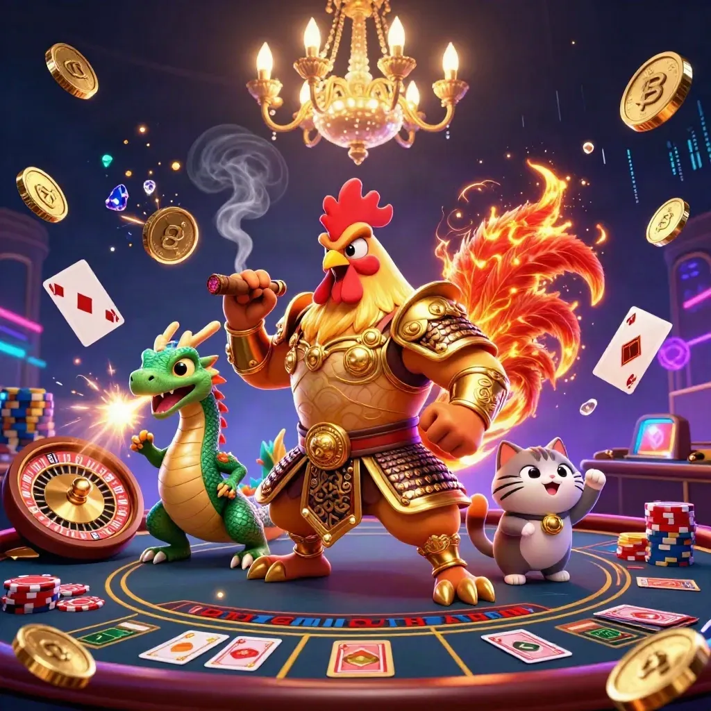 Rooster warrior, dragon hatchling and lucky cat amid gold coins, cards and neon casino energy