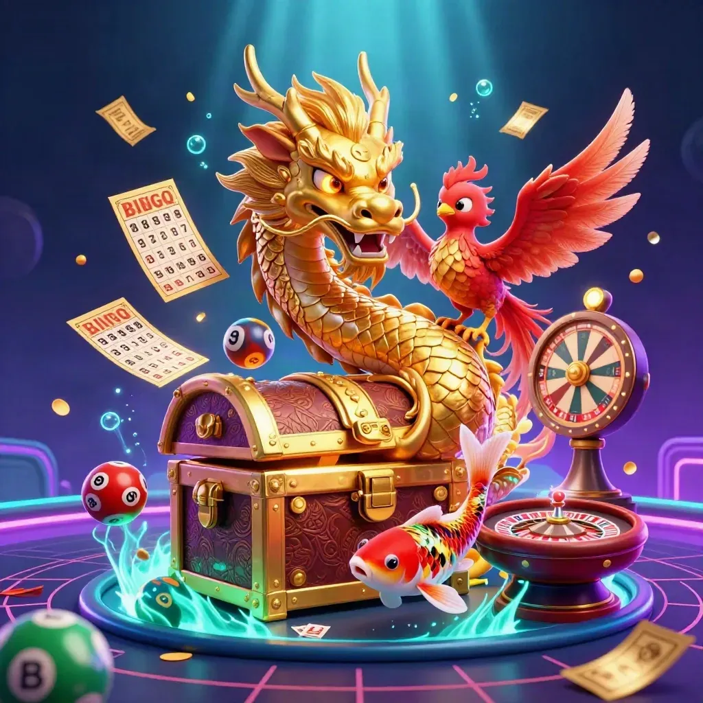 Golden dragon, phoenix and koi amid casino lights, coins, wheel, cards, and neon glow.