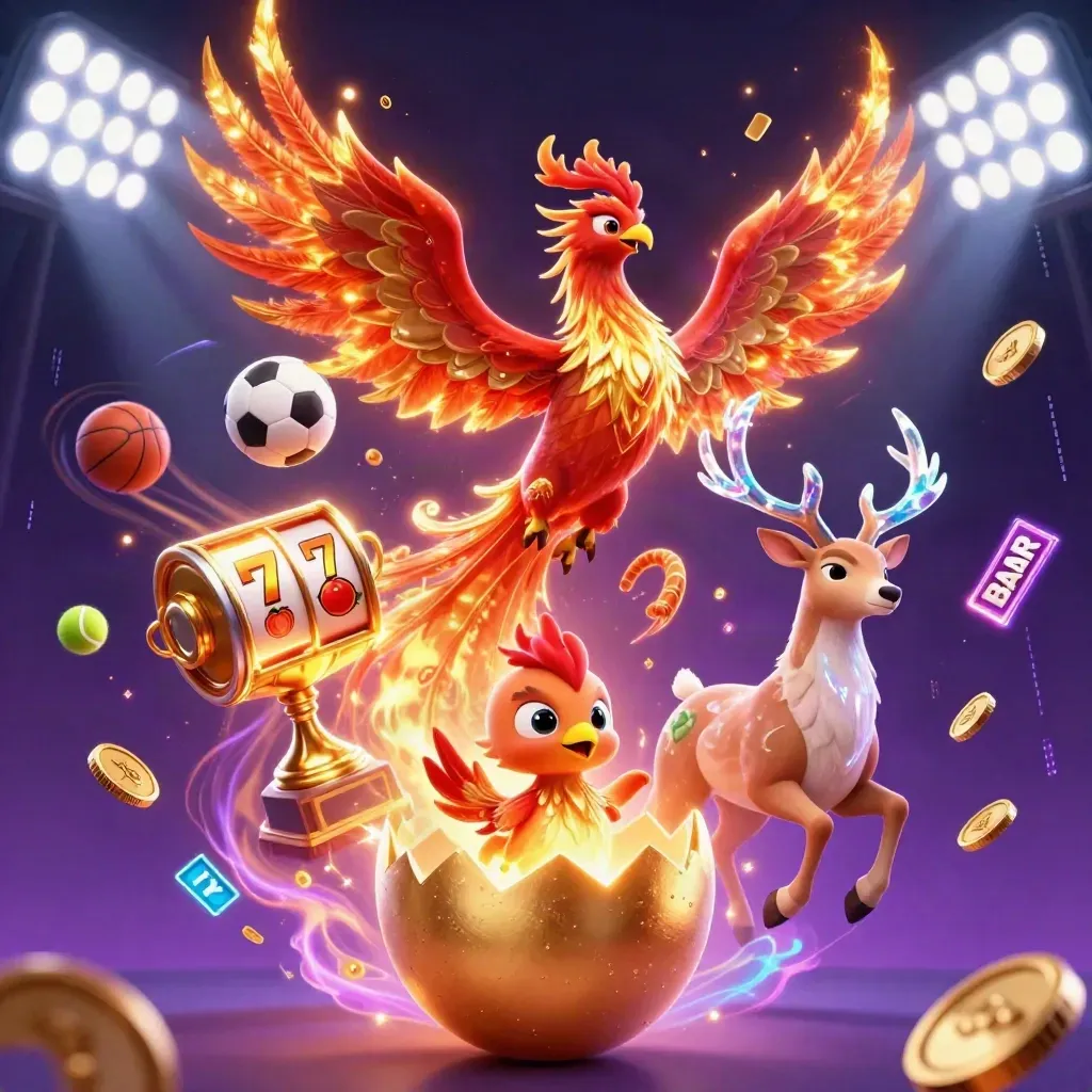 Fire phoenix, baby phoenix, and crystalline stag amid sports balls, coins, trophies, neon energy