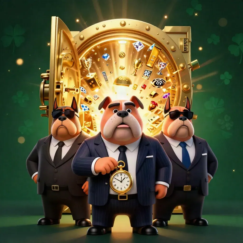 Bulldog mob boss and two Dobermans burst from a glowing treasure vault with gold, gems, and casino symbols.