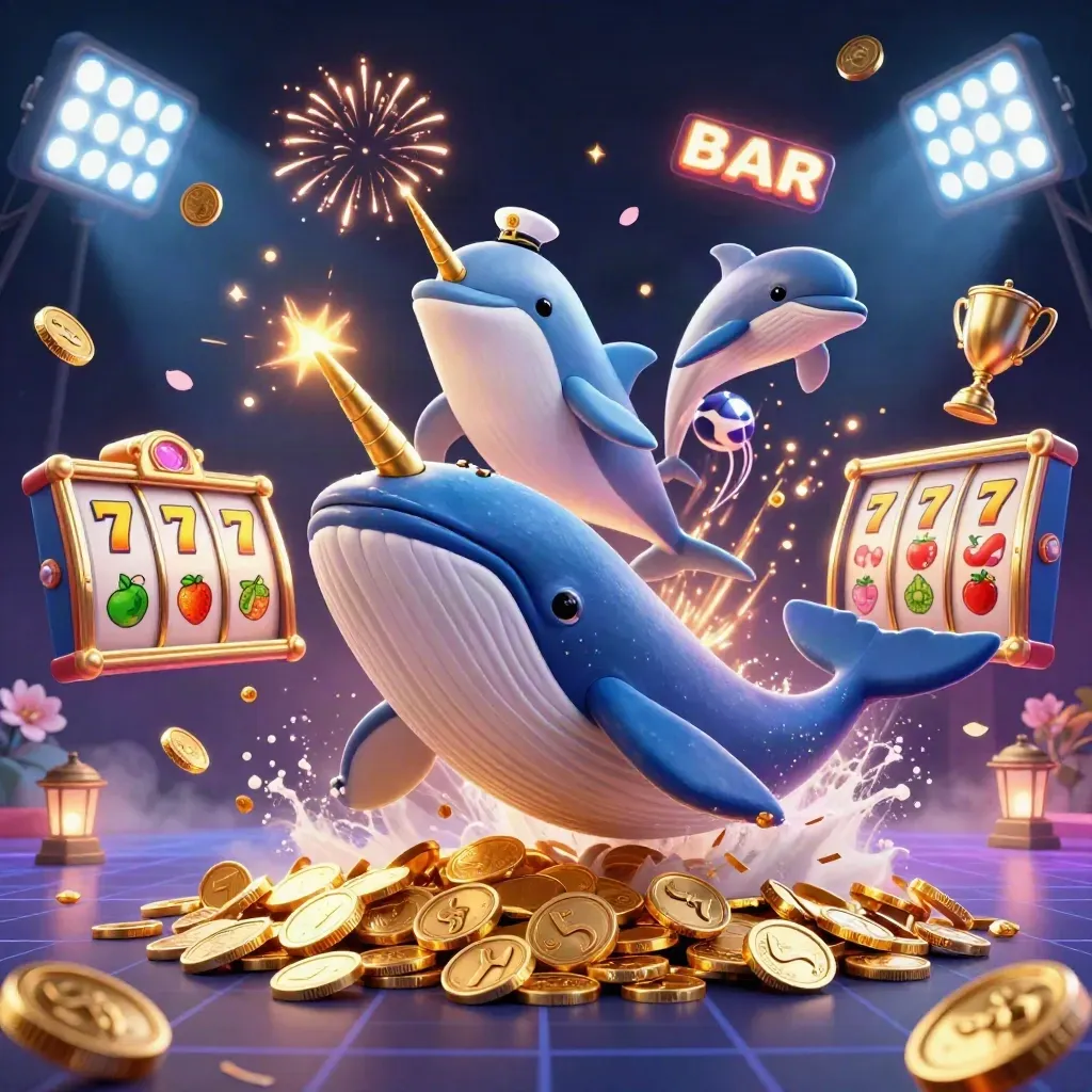 Whale captain, narwhal, and dolphins burst through coins under neon casino lights.