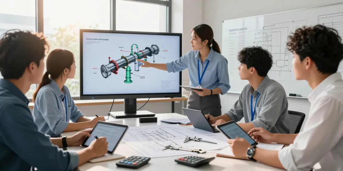Engineers collaborating on industrial engineering consultancy solutions in North America, discussing technical designs and 3D models.